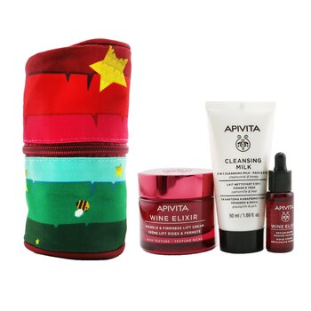 Apivita Di-Vine Beauty (Wine Elixir- Rich Texture) Gift Set: Wrinkle Lift Cream 50ml+ Face Oil 10ml+ Cleansing Milk 50ml+ Pouch